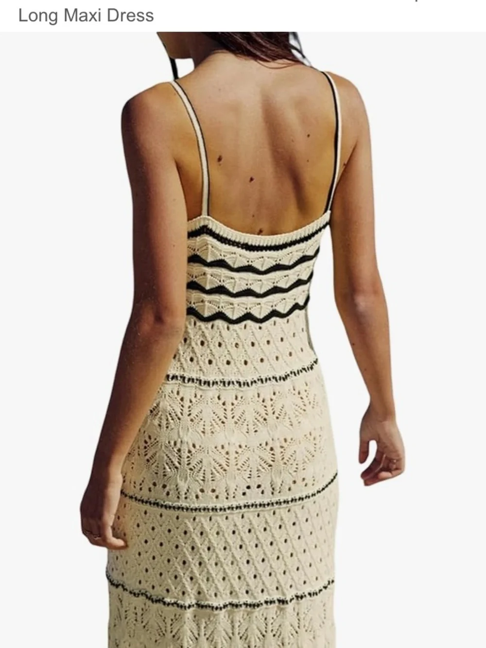 Commense Cream Knit Spaghetti Strap Maxi Dress with Black Trim